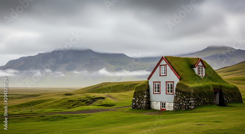 Traditional house with grass roof in icelandic landscape under cloudy sky