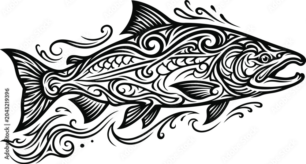Fototapeta premium Tattoo style salmon with tribal wave patterns