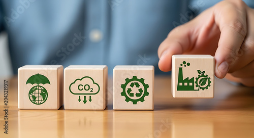 Wooden blocks with sustainability and eco-friendly industry symbols for esg