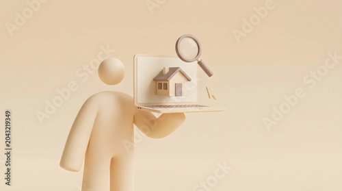 Minimal 3D claymorphic character holding a laptop with a small house on the screen and a floating magnifying glass, online real estate search and property market concept.