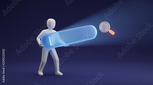 Minimal 3D character holding a giant glowing frosted glass search bar projecting a light beam toward a floating magnifying glass, internet browsing and SEO concept on dark background.