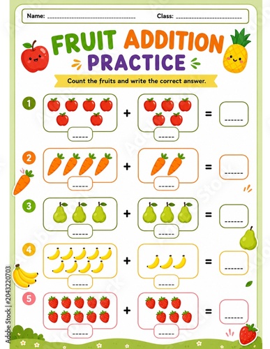 Fotografie Fruit Addition Practice Worksheet for Preschool Kids