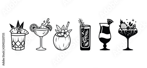 Bild auf Leinwand Cocktail Drink Icon Set – Outline and Silhouette Vector Collection for Beverage,