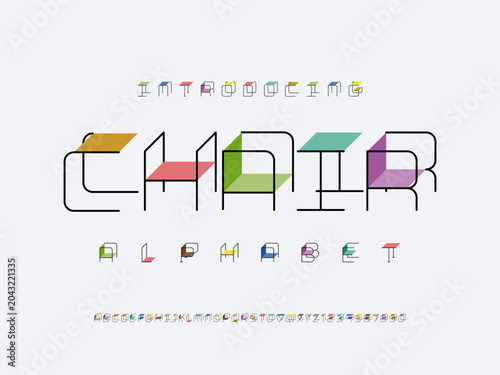 minimalist furniture style alphabet design with uppercase and numbers