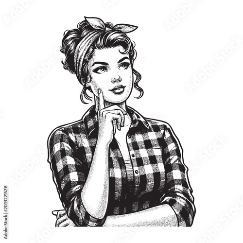 Intricate engraved illustration of	 Thoughtful Woman contemplating a Question with Hand on Chin	in black and white art