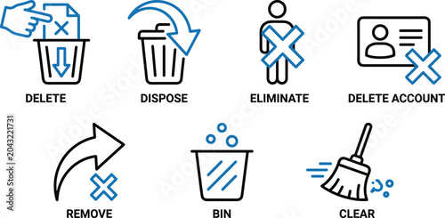 Cuadro en lienzo Data management icons for delete dispose eliminate remove bin clear and account deletion with blue accents