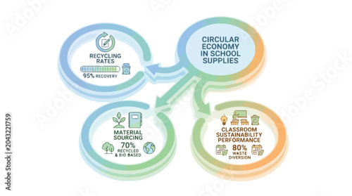 Infographic illustrating circular economy in school supplies with recycling rates material sourcing and classroom sustainability performance metrics for eco friendly education