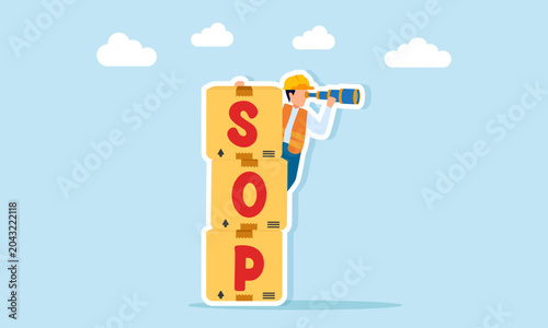 Engineer Observing Standard Operating Procedures by Standing on SOP Box Illustration of Reviewing Operational Rules and Compliance Guidelines