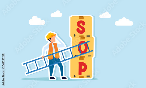 Engineer Carrying Ladder Inspecting Stack of SOP Boxes Illustration of Reviewing Standard Operating Procedure Rules and Operational Compliance