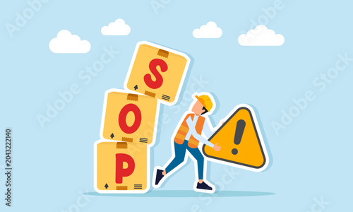 Engineer Securing Warning Symbol from Collapsed SOP Box Stack Illustration of Caution in Applying Standard Operating Procedures