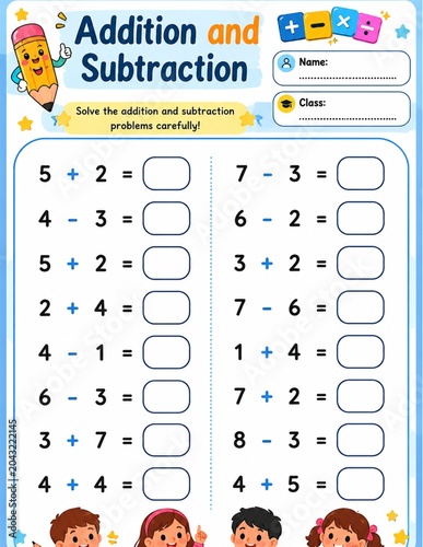 Obraz na plátně Addition and Subtraction Practice Worksheet for Kids
