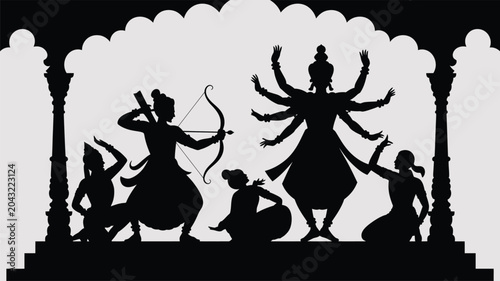 Foto Silhouette depicting mythological story of warrior and multi armed goddess under archway