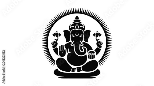 Fotografija Elephant headed deity silhouette with sunburst halo and lotus flowers in meditative pose