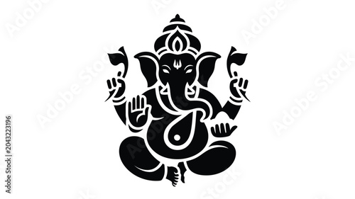 Stylized black silhouette of elephant deity seated in meditation with blessing hand sign.