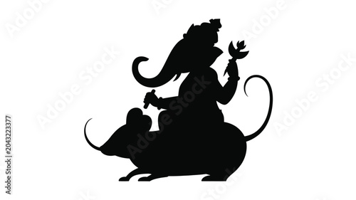Billede på lærred Ganesha silhouette riding mouse with flower and rod, religious symbol