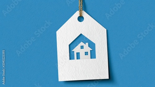Housing affordability crisis tiny house house model paper tag home icon real estate mortgage rent blue background residential property shelter housing affordability market property building