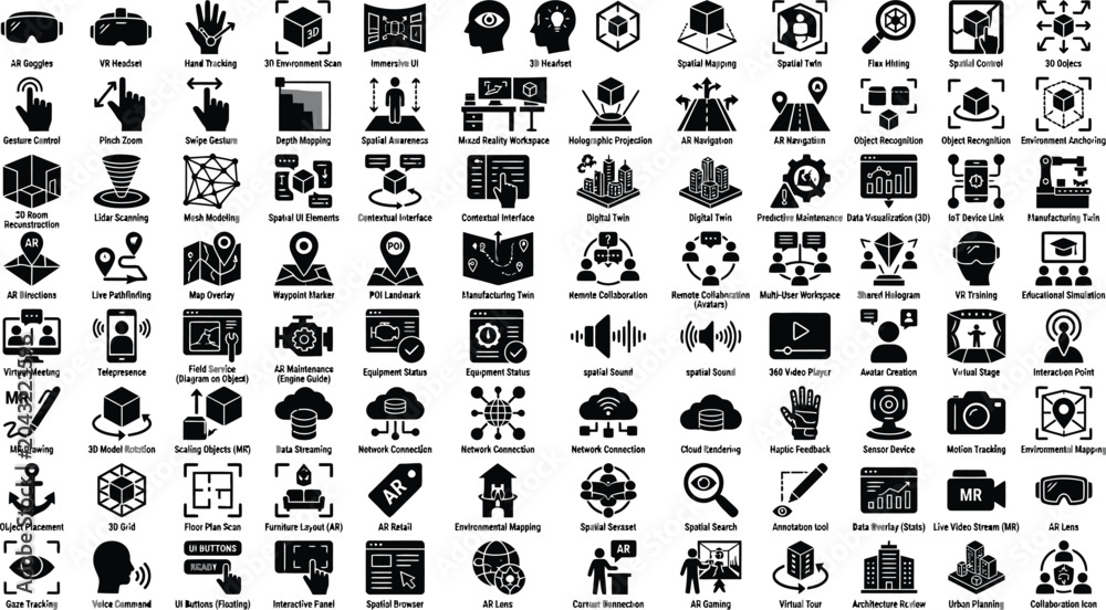 Obraz premium Icons representing virtual reality technology, spatial computing, and digital interfaces are arranged in a comprehensive grid.