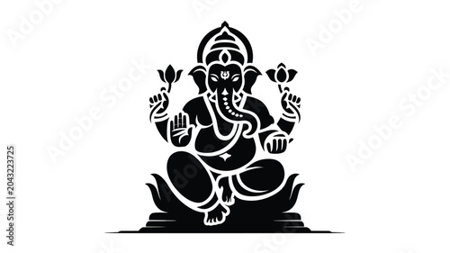 Bild auf Leinwand Lord ganesha seated on lotus flower black silhouette vector art illustration on white background