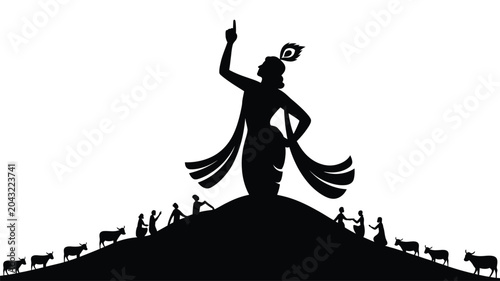 Lord krishna with cows and people on a hill silhouette vector art illustration.