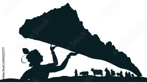 Fotografia Krishna lifting mount goverdhan to protect villagers and cattle from rain
