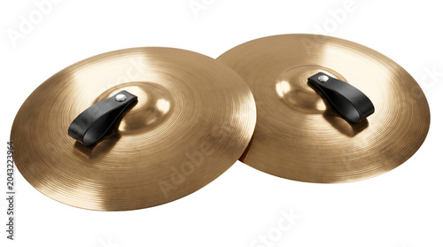 Tableau sur toile Pair of Orchestral Cymbals with Bronze Finish, Concentric Grooves, and Black Han