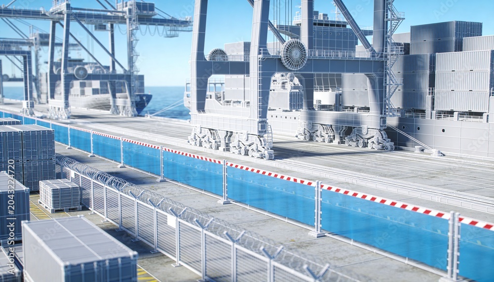 Fototapeta premium Standing large steel gantry crane spanning quay, with stacked containers and container ship