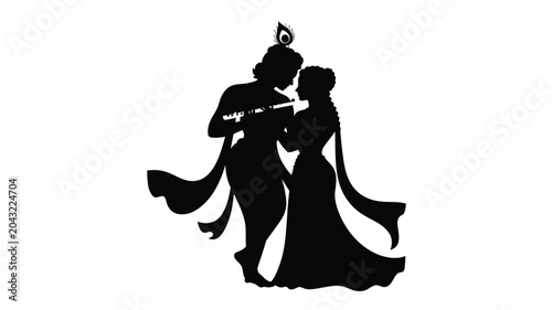 Fotografie Beautiful black silhouette of krishna playing flute for radha in full length standing pose