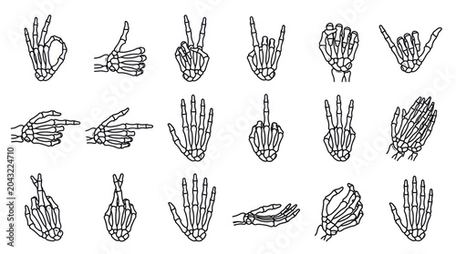 Konstfotografi Skeleton Hand Gestures Icon Set: OK, Peace, Rock On, Shaka, Pointing, Middle Fin