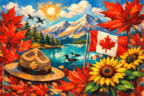 Fotografie Vibrant Canadian landscape painting featuring iconic symbols like maple leaves, majestic mountains, a serene lake, geese, a flag, sunflowers, and a ranger hat