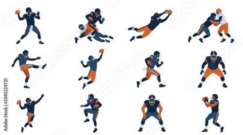 Tablou pe pânză AmericanFootballPlayersDynamicActionPosesIllustration.