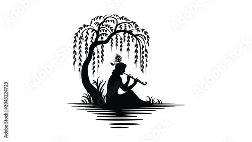 Foto Krishna silhouette sitting under willow tree by river side playing melodic flute in nature