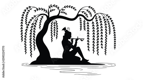 Schilderij op canvas Artistic silhouette of krishna playing flute sitting on ground beneath weeping willow tree