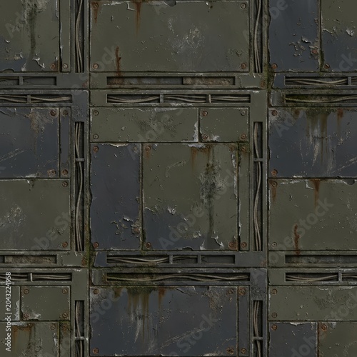 Seamless grungy industrial metal panel texture. Features peeling paint, rust, rivets, and exposed wiring. Perfect for sci-fi, military, or cyberpunk backgrounds. Generative AI.