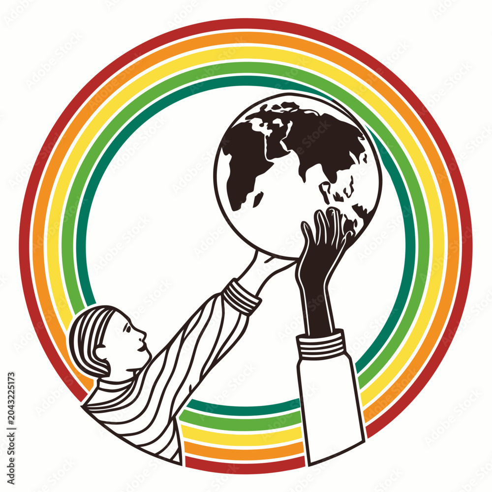 Fototapeta premium Global Unity and Sustainability Illustration Featuring Hands Holding the Earth Within a Circular Rainbow Frame for Corporate Social Responsibility and Environmental Conservation Themes