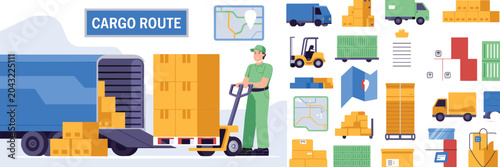 Logistics delivery courier loading boxes into cargo truck with pallet jack and transport icon set vector
