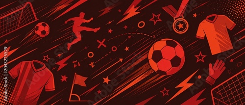 Dynamic Red Soccer Football Sports Banner with Player Ball Jersey Graphic Illustration