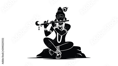 Fotografija Krishna playing flute silhouette sitting on rock meditation music devotional art traditional