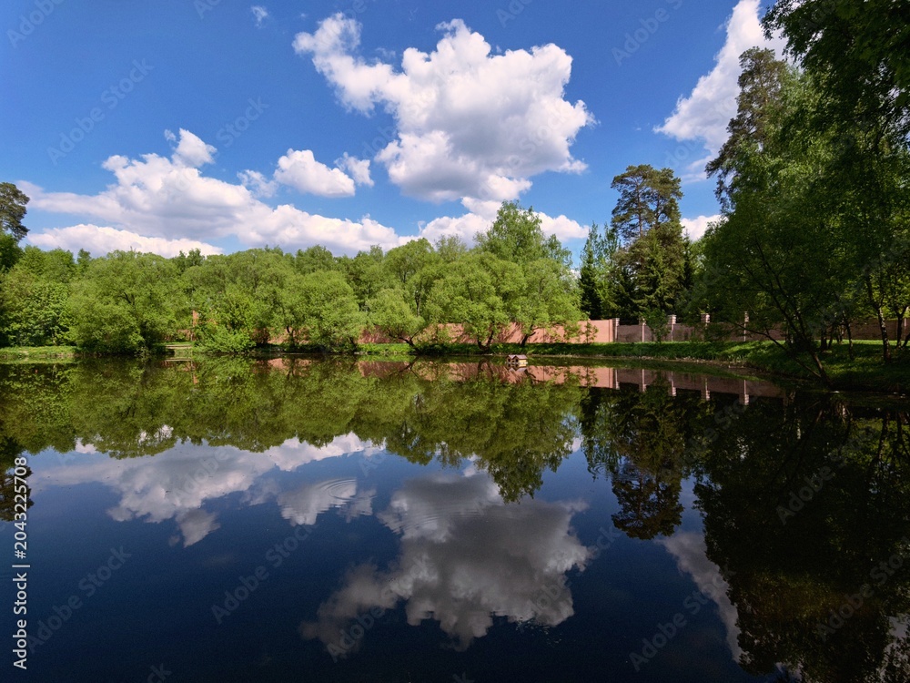 Obraz premium Calm lake water reflecting bright white clouds and lush green trees under a sunny blue sky