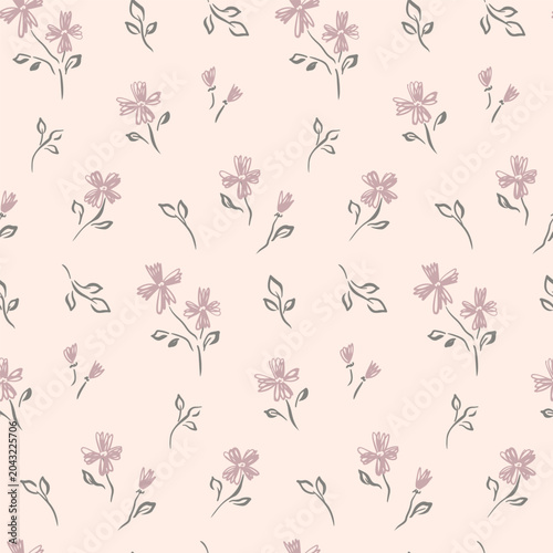 Seamless floral pattern, delicate ditsy print of sketch plants in pastel colors. Romantic botanical design, simple texture of mini cute flowers, thin stems, small leaves abstract. Vector illustration.