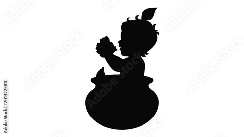 Baby krishna holding butter in hand sitting inside a traditional clay pot silhouette art.