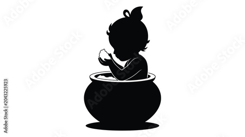 Foto Cute infant lord krishna sitting in a clay pot eating butter black silhouette vector art