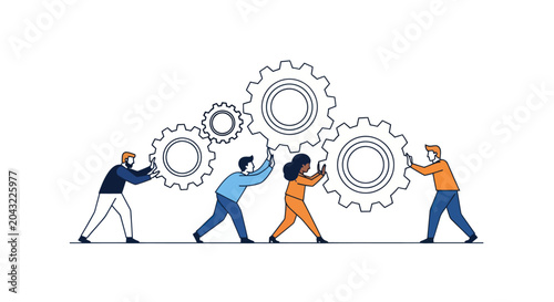 Obraz na płótnie Teamwork Pushing Gears Vector Illustration