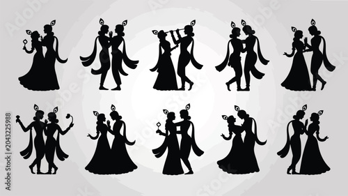 Krishna and radha silhouettes in various romantic poses set on circular pattern background.