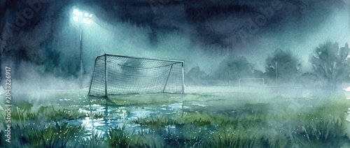 Misty Soccer Field at Night with Dramatic Floodlights and Empty Goal in Rain