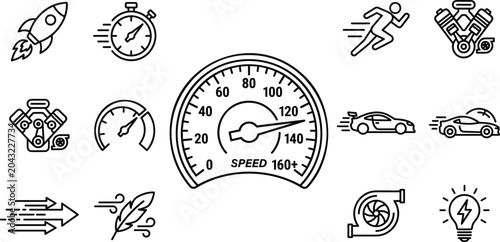 Bild auf Leinwand Speed and performance line icon collection set with car speedometer turbo engine elements vector layout