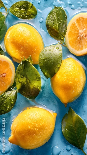 Bright Lemons with Leaves on Blue Surface