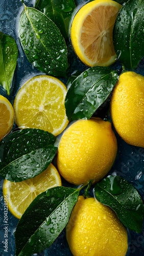 Bright Fresh Lemons with Green Leaves on Dark Surface