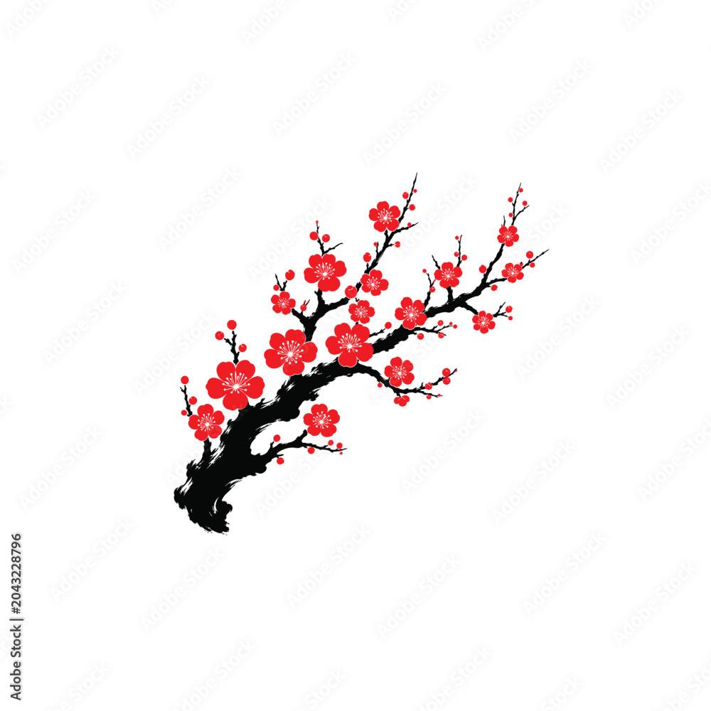 Fototapeta premium Sumi-e Diagonal Plum Blossom Branch Graphic