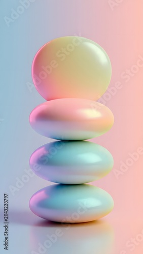 Colorful Glossy Stack of Pebble Shapes in Soft Gradient Backdrop