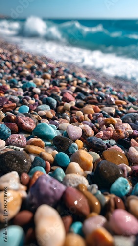 Colorful Pebble Beach Shoreline with Waves